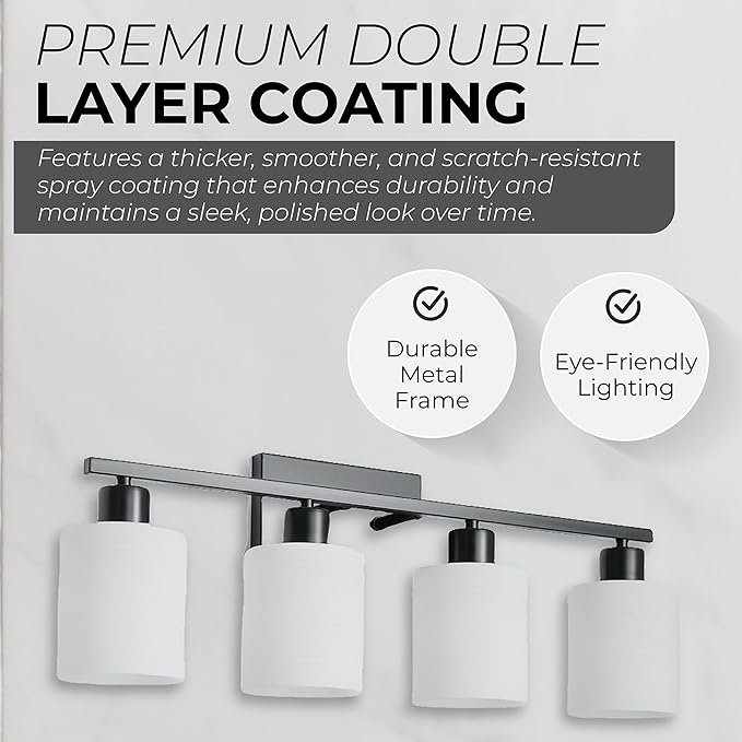 The Door Bull Modern Bathroom Vanity Light, Milky White Glass Shades, Wall Sconce for Bedroom & Living Room, E26 Socket, Over Mirror Lighting Fixture (Matte Black, 4 Lights)