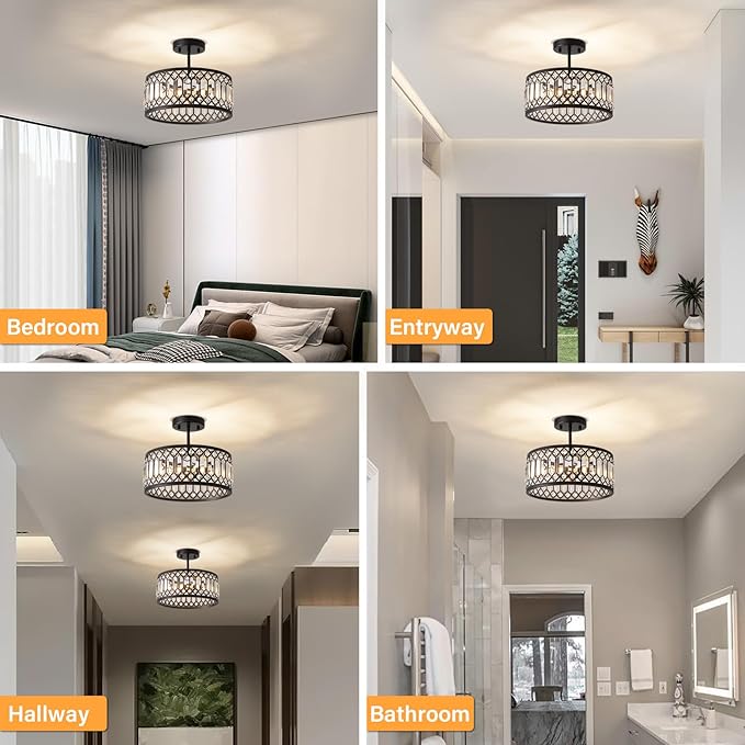 Crystal Ceiling Light Fixture, Modern Semi Flush Mount Ceiling Light, Black Lighting Chandelier for Kitchen, Bedroom, Dining Room, Hallway, 3-Light, 12.2 Inch