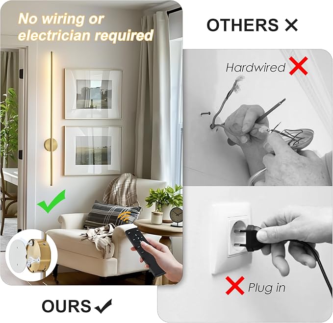 Battery Operated Modern Wall Sconces Set of Two,Rechargeable Wireless Wall Lights with Remote Control,Dimmable,3CCT,Timer,360°Rotation,Cordless Lighting for Bedroom,Living Room,Hallway,Brass,39.3 Inch