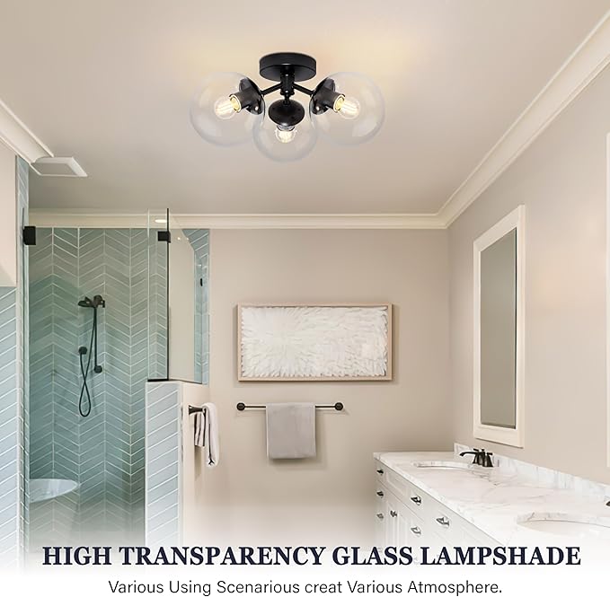 3-Light Modern Black Semi Flush Mount Ceiling Light Clear Glass Globe Ceiling Lights Mid Century Black Chandelier 3 Light Sputnik Ceilings Lights Fixture for Bedroom Hallway Entryway