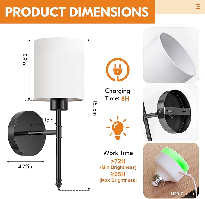 NIORSUN 15 inch Battery Operated Wall Sconce Set of 2, Black Wireless Rechargeable Wall Lights with 5200mAh Dimmable Detachable Bulbs and Remote, 9 Colors Sconces Wall Decor for Bedroom Living Room