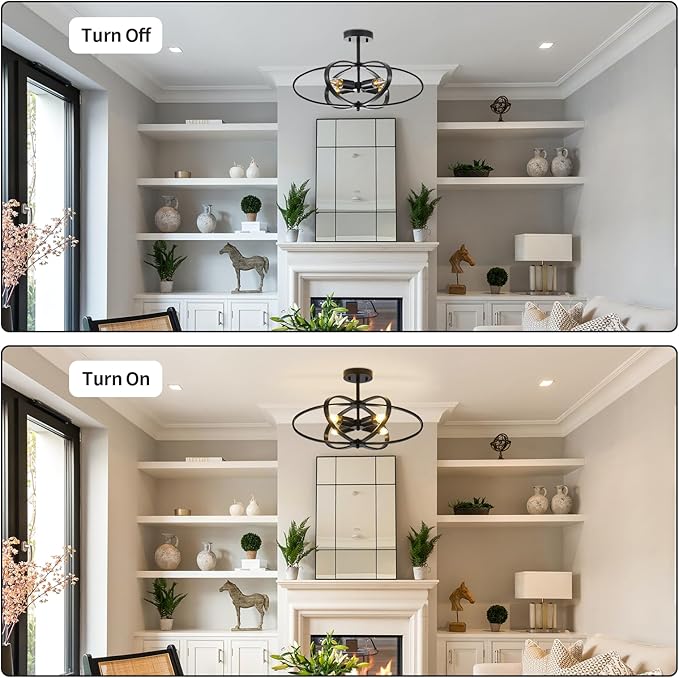 Semi Flush Mount Ceiling Light Chandelier,4-Light Ceiling Lighting Fixture,20" Farmhouse Style Flower Shape Hanging Light Fixtures Ceiling,Black(Bulbs NOT Included)
