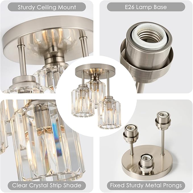 Brushed Nickel Semi Flush Mount Ceiling Light, 3-Light Modern Crystal Chandelier with Clear K9 Crystal Shades, Kitchen Light for Hallway Kitchen Bathroom Entryway