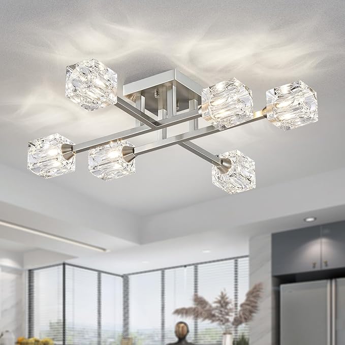 XINGQI Sputnik Light Fixture 6-Lights Semi Flush Mount Ceiling Light, Modern Silver Glass Chandelier Brushed Nickel Lighting for Dining Room Living Room Kitchen Bedroom Entryway