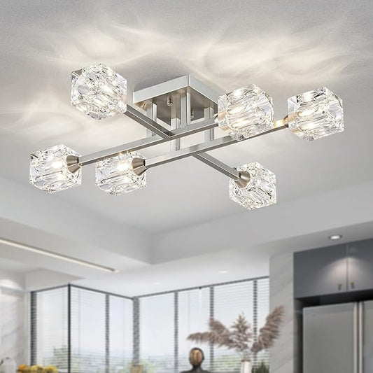 XINGQI Sputnik Light Fixture 6-Lights Semi Flush Mount Ceiling Light, Modern Silver Glass Chandelier Brushed Nickel Lighting for Dining Room Living Room Kitchen Bedroom Entryway