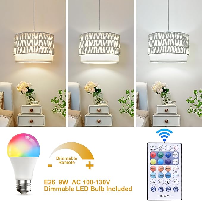 ZSLAIFU Hanging Lamp Plug in Pendant Light, 15FT White Hanging Lights with Plug in Cord, Hanging Light with Bulb and Remote, Hanging Lamps for Bedroom, Living Room, Kitchen, Farmhouse