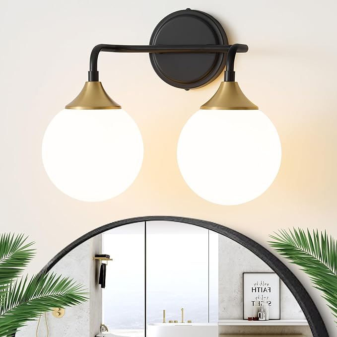 Black Gold Bathroom Light Fixtures, Modern Vanity Lighting Over Mirror, Mid Century Modern Matte Black Wall Sconce 2-Light with Milky White Glass Ball Shades
