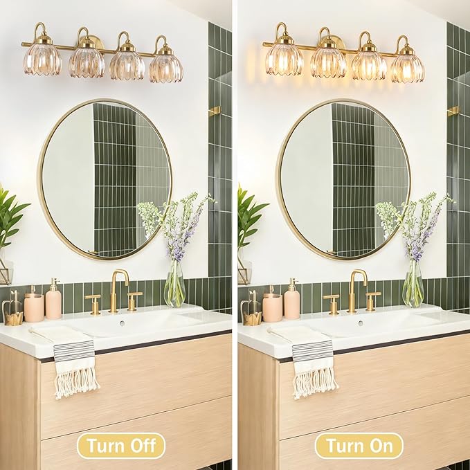 Vintage Bathroom Light Fixtures, Brass Vanity Lights with Amber Tulip Glass Shade, Vanity Sconces for Bathroom Bedroom Living Room Hallway, 4-Light