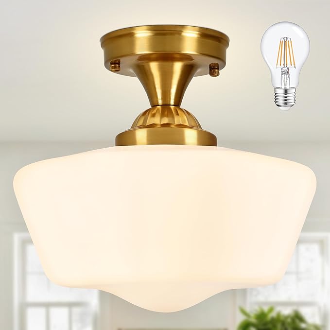 Brass Schoolhouse Light Fixture 12" Mid Century Light Fixture Milk Glass Light Fixtures School House Light Fixtures Ceiling Semi Flush Mount Ceiling Lights for Bedroom Bathroom (bulb Incl.