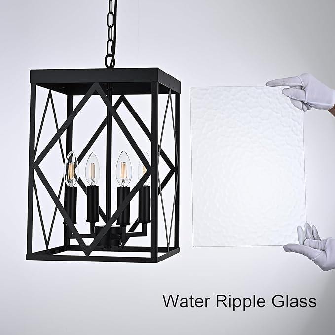 Outdoor Pendant Light with Water Ripple Glass, 4-Light Exterior Hanging Porch Light, Large Lantern Pendant Light, Waterproof Black Outside Chandelier for House Front Door Patio Entrance