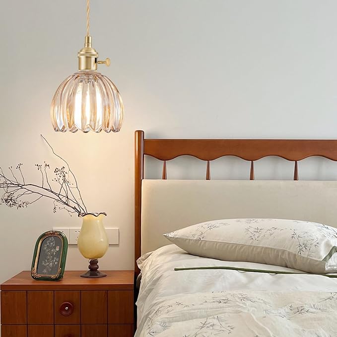 Mini Pendant Lights Kitchen Island 2 Pack, Small Adjustable Pendant Light Fixture with Amber Tulip Glass Lampshade, Vintage Gold Pendant Lighting, Pendant Light for Bedroom Dining Room Hallway
