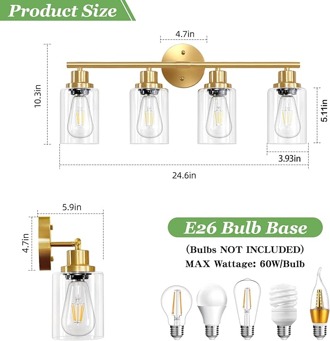 4-Light Gold Bathroom Light Fixtures, E26 Modern Vanity Lights for Bathroom with Clear Glass Shade, Wall Lamps for Mirror Hallway Kitchen Cabinet Living Room Sconces Lights