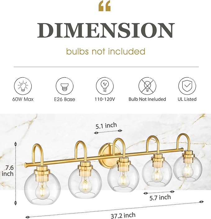 Bathroom Light Fixtures, 5-Light Brushed Gold Vanity Lights with Globe Clear Glass, 35 Inch Champagne Bronze Vanity Lighting Fixtures Over Mirror, AD-22280-5W-GD