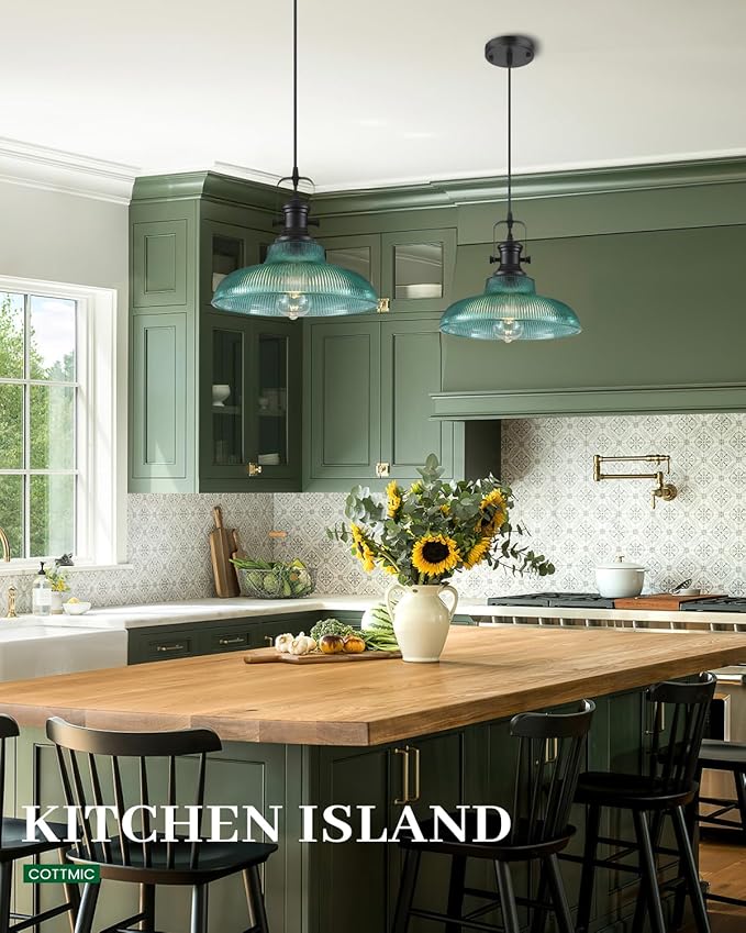 Green Glass Pendant Lights Kitchen Island, 12in, Ribbed Glass Kitchen Pendant Lights Fixture, Farmhouse Pendant Lighting for Dining Room Bedroom Bar Sink, 2 Pack