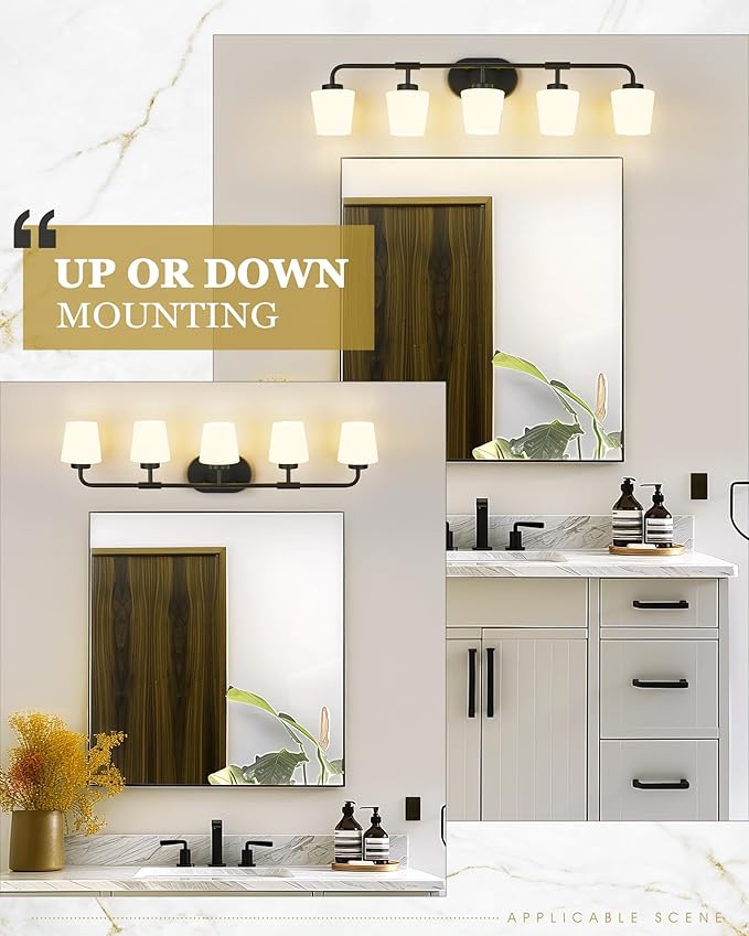 Bathroom Light Fixtures Over Mirror, 5-Light Matte Black Vanity Lighting Fixtures with Milk White Glass, 38inch Farmhouse Wall Sconces Lighting, AD-22004-5W-BK