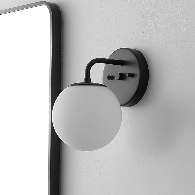 JONATHAN Y 5.75" Black 1-Light Modern Globe Wall Sconce Vanity Light for Bathroom, White Frosted Glass Shade, Midcentury Parisian Bistro Wall Lamp, LED Bulb Included (JYL3534B)
