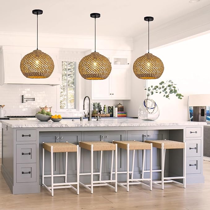 Farmhouse Rattan Pendant Lights 13.8" Wicker Hand-Woven Chandelier Rustic Round Seagrass Hanging Light Fixture for Kitchen Island Bedroom Hallway Entry Living Room Dining Coffee Bar