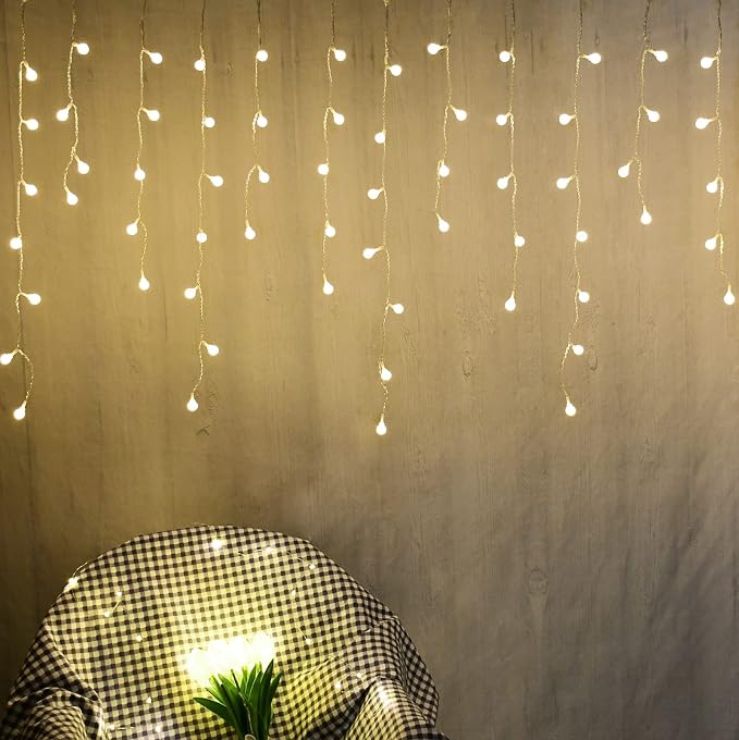 YOLIGHT Fairy Curtain Lights, USB/Battery Powered Ball Icicle Light 13ft 96 LED Globe String Hanging Lights for Bedroom Dorm Wedding Party Christmas Decoration (Warm White)