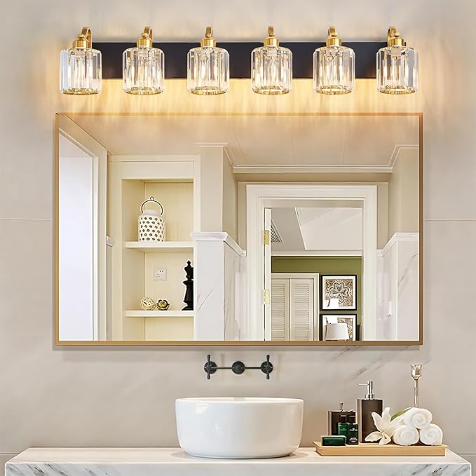 Modern Bathroom Vanity Light 6-Lights Black Gold Crystal Wall Light Fixture with Round Shade Over Mirror (Exclude Bulb)