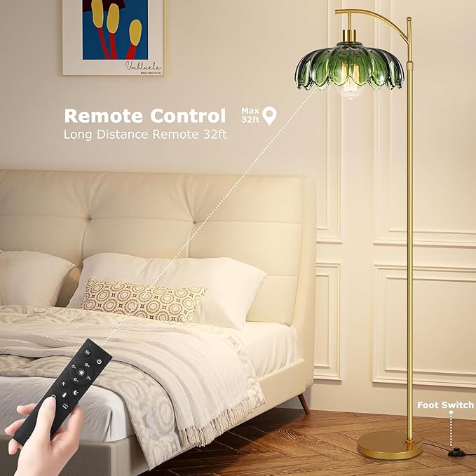 QIYIZM Gold Floor Lamp for Living Room,Bedroom,Mid Century Modern Standing Lamp with Remote,Dimmable Brass Tall Lamp Green Glass Lamp Vintage Retro Arc Floor Lamps Flower Floor Light Boho Bohemian