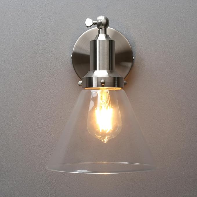 PERMO Industrial Vintage Slope Pole Wall Mount Single Sconce with Funnel Flared Clear Glass Shade Brushed Wall Sconce Light Lamp Fixture