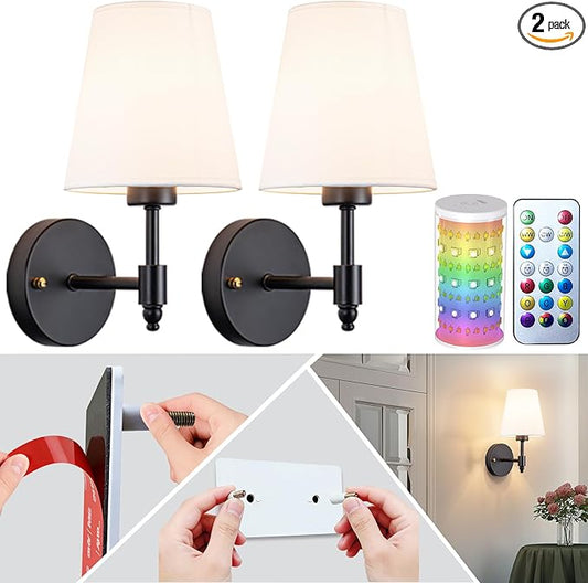 Peel and Stick Wall Sconces, Stick On Wall Sconce Set of 2, Battery Operated Wireless Adhesive Wall Lights, Corn Bulb with 10000mAh Battery, Easy Install for Bedroom Living Room Wall Decor