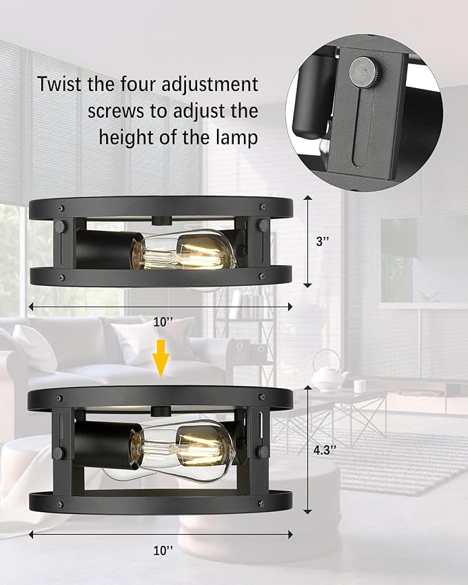 2 Pack Industrial Flush Mount Ceiling Light, 2-Light Black Metal Cage Ceiling Light Fixtures, Farmhouse Adjustable Ceiling Light for Hallway Kitchen Bedroom Entryway