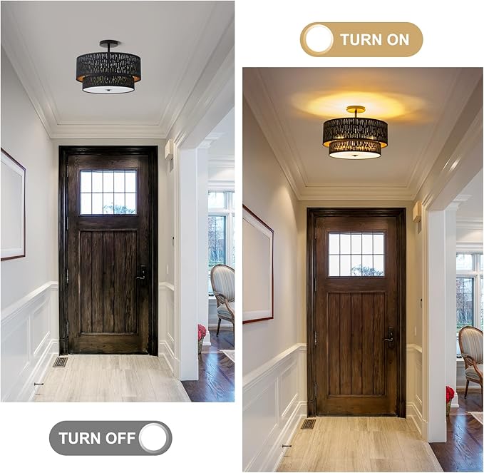 Drum Semi Flush Mount Lighting Fixture, Modern Semi Chandeliers, 2 Tier Fabric Ceiling Light, Black Fabric Shade 3-Light for Kitchen Island Bedroom Hallway Foyer, E26, W16xH12