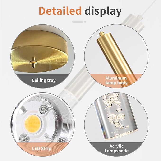 3 Pack Gold Linear LED Pendant Lights, Modern Minimalist Hanging Light Fixtures, Bubble Acrylic, 3 Color 3000K/4500K/6500K, Ceiling Chandeliers Lights for Kitchen Island, Dining Room, Bedroom, Bar
