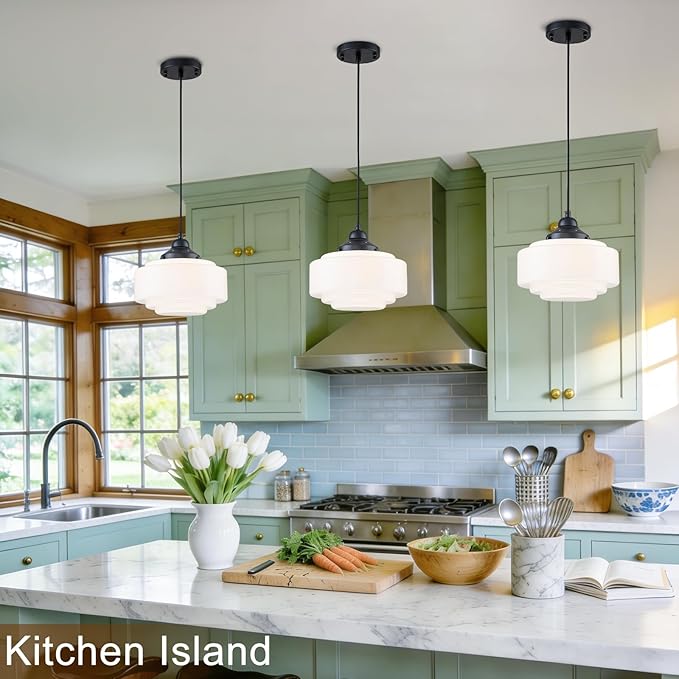 Schoolhouse Pendant Light 9.84" Vintage Milk Glass Chandelier Black Mid Century Modern Pendant Lighting Fixture for Kitchen Island Dining Room Living Room Hallway, Adjustable Height (E26)