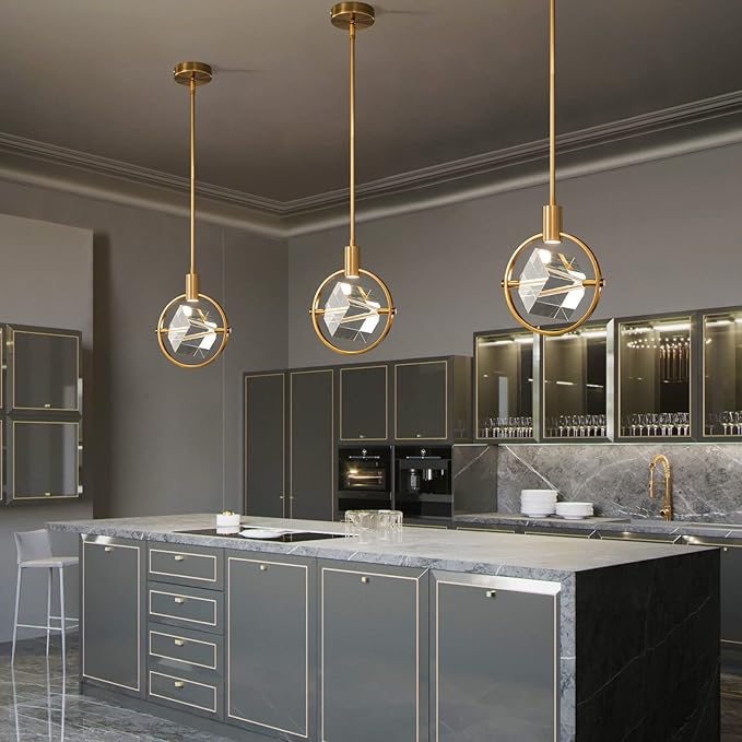 Modern Crystal Pendant Light in Gold Brushed Brass Finish Mini LED Light Fixtures Metal Rod Ceiling Gold Chandelier for Kitchen Island Bedroom Dining Room Bar(1-Lights)