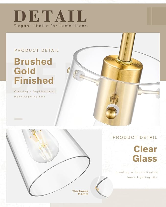 Beionxii Pendant Lights Kitchen Island 2 Pack, Brushed Gold Modern Kitchen Pendant Lighting Over Island, Hanging Lights with Clear Glass for Sink, Dining Room, Entryway, BX-PL03BG-2CG