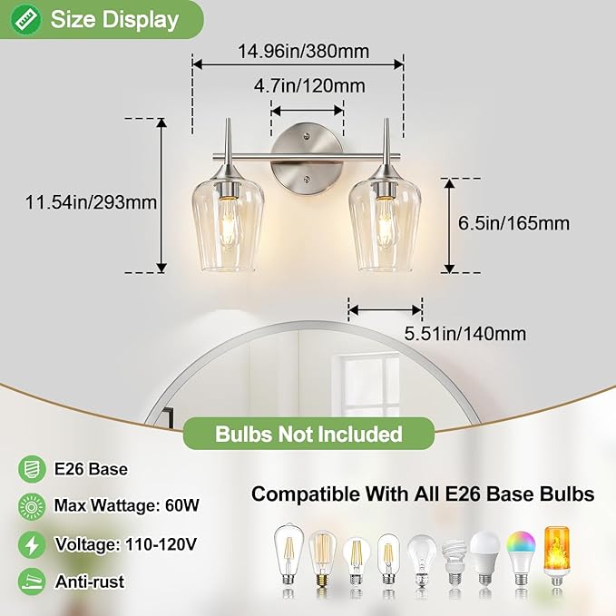 MOKATNG 2-Light Bathroom Light Fixtures, Brushed Nickel Vanity Lights for Bathroom with Clear Glass, Bathroom Lighting Fixtures Over Mirror, Modern Wall lamp for Cabinet Hallway