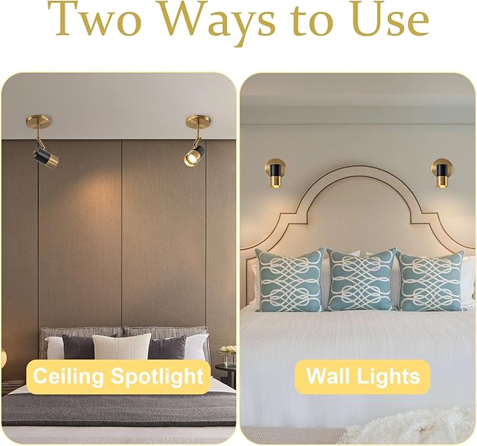 Modern Ceiling Spotlight, Gu10 Spot Lights Indoor with 350° Pivoting, 2-Packs Adjustable Directional Spotlight Indoor, Black and Gold Ceiling/Wall Light for Gallery, Cabinet, Hallway