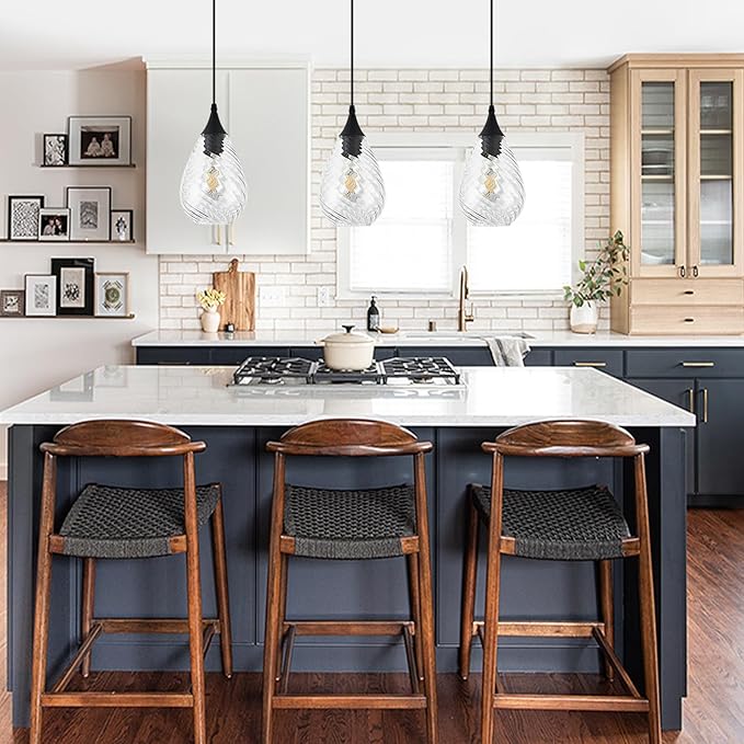 Black Pendant Lights Kitchen Island with Hand-Blown Clear Glass, 1-Light Modern Glass Pendant Light Fixtures, Island Hanging Light for Kitchen Sink Bedroom Dining Room Hallway, E26