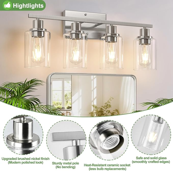 Indoi 4-Light Bathroom Light Fixtures, Brushed Nickel Vanity Lights with Clear Glass Shades, Modern Bathroom Wall Lamp for Mirror Living Room Cabinet Bedroom Porch