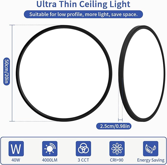 20 inch Led Ceiling Light, Ultra Thin Dimmable Flush Mount Ceiling Light, 3000K/4000K/6500K Selectable Round Ceiling Lamp for Bedroom Kitchen Living Room, Black
