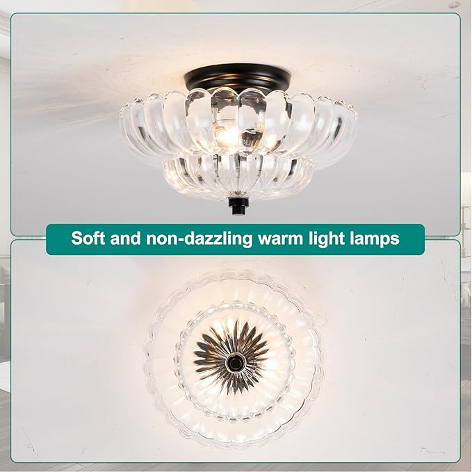 Semi Flush Mount Ceiling Light, Vintage Glass Close to Ceiling Light Fixtures with 3 Lights, Modern Black Flush Mount Ceiling Lights for Hallway, Bedroom, Kitchen, Living Room
