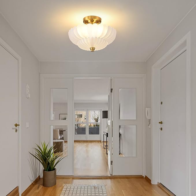Semi Flush Mount Ceiling Light, 11.8 Inch Gold Vintage Hallway Light Fixture with Frosted Glass, Close to Ceiling Light for Bedroom Kitchen Living Room Bathroom Foyer, E26 Base