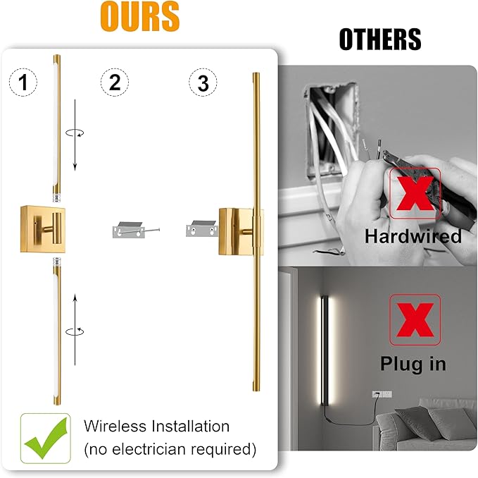Morauroral 36 Inch Battery Operated Wall Sconces Set of 2, Dimmable Battery Wall Sconce with Remote Control, Gold LED Rechargeable Sconces, Modern Wireless Wall Lights for Bedroom, Living Room