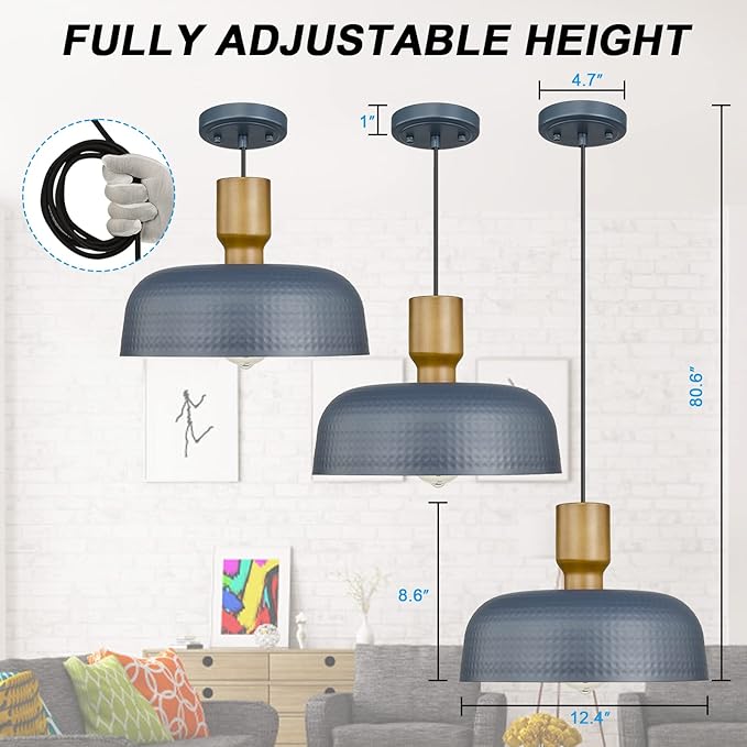 Darkaway Pendant Light Fixtures Ceiling Hanging with Hammered Metal Shade, Modern Pendant Light for Kitchen Island Lighting Hanging Lamp Adjustable Height, Medium