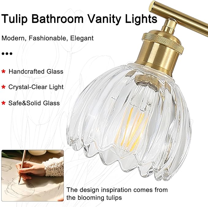2-Light Bathroom Light Fixtures, Gold Vanity Lights for Bathroom with Ribbed Clear Tulip Glass Shade, Brass Vintage Wall Scone Lighting Over Mirror for Farmhouse,Bedroom,Living Room,Hallway