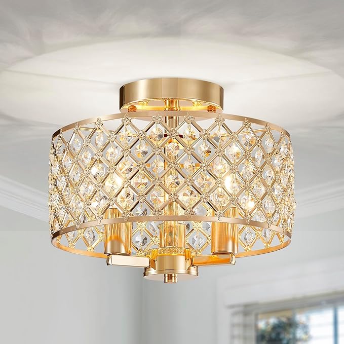 AGV LIGHTING Semi Flush Mount Ceiling Light Fixture, Modern Crystal Ceiling Light Fixture, 3-Lights, Soft Light Gold