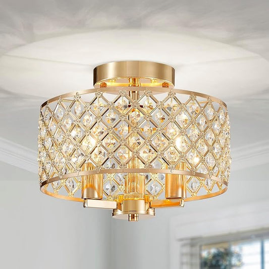 AGV LIGHTING Semi Flush Mount Ceiling Light Fixture, Modern Crystal Ceiling Light Fixture, 3-Lights, Soft Light Gold