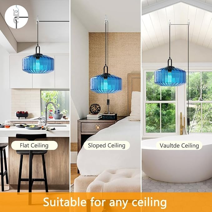 Plug in Hanging Lamp Modern Pendant Light with Plug in Cord Blue Striped Glass Shade Mid Century Pendant Light Fixture Plug in Chandelier Swag Ceiling Lamp for Living Room Bedroom