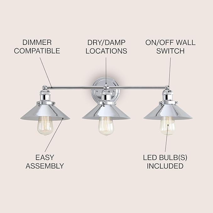 JONATHAN Y 26.5" Chrome 3-Light Industrial Farmhouse Metal Vanity Light Wall Sconce, Metal Shade for Bathroom Mirror, Kitchen, Entryway, LED Bulb Included (JYL7425A)