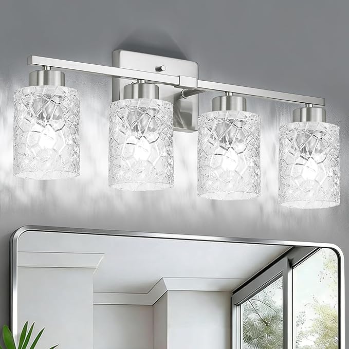Brushed Nickel Bathroom Light Fixtures, 3-Light Modern Bathroom Vanity Wall Light, Vanity Lights for Mirror, Wall Sconces with Clear Textured Glass (E26 Socket, Bulbs Not Included)
