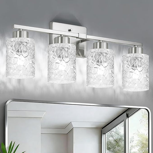 Brushed Nickel Bathroom Light Fixtures, 3-Light Modern Bathroom Vanity Wall Light, Vanity Lights for Mirror, Wall Sconces with Clear Textured Glass (E26 Socket, Bulbs Not Included)