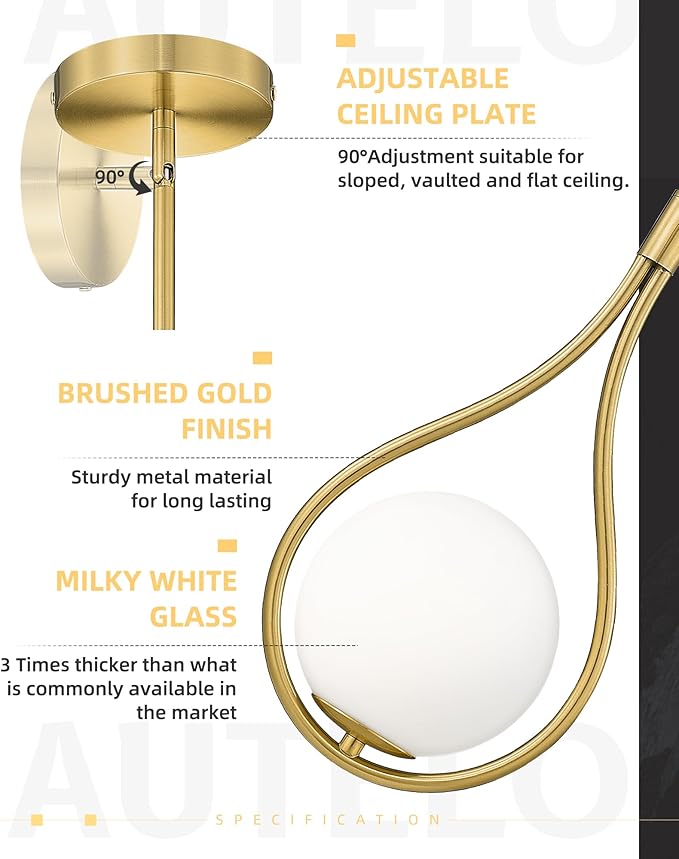 AUTELO 2 Pack Pendant Lights, Pendant Lights Kitchen Island in Brushed Gold Finish with Milky White Globe Glass, Gold Pendant Light Fixtures, Vintage Hanging Lights for Kitchen Island H9377 MGBG-2PK
