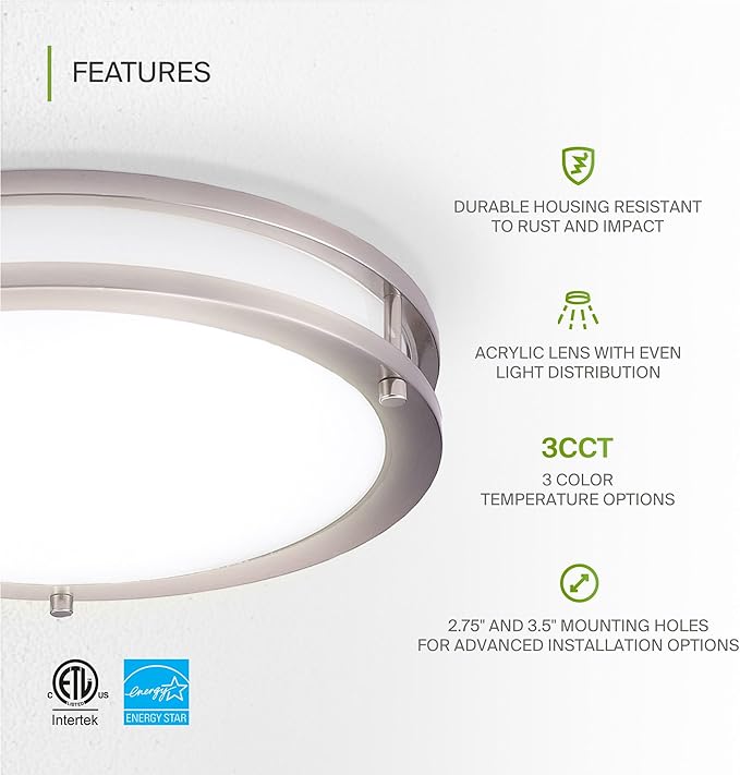ASD LED 16" Round Flush Mount Lighting, Close to Ceiling Light Fixture | 3CCT, Dimmable, Energy Star, ETL Listed | 24W 1854LM 3000-5000K 120V | Low Profile Double Ring Lamp | Nickel, 2 Pack